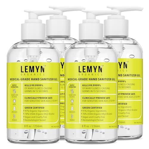 Lemyn Organics Medical‑Grade Hand Sanitizer Gel – 97 % Organic | 70 % USP Ethyl Alcohol | Moisturizing Aloe + Hyaluronic Acid | Freshly Made in USA | 8oz Bottle with Pump (PACK OF 4)