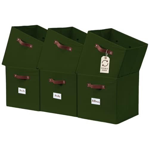 DECOMOMO Storage Bins, Cube Storage Bin with Labels | 10.5" x 11" Fabric Storage Cubes for Shelves (6pcs, Olive Green)