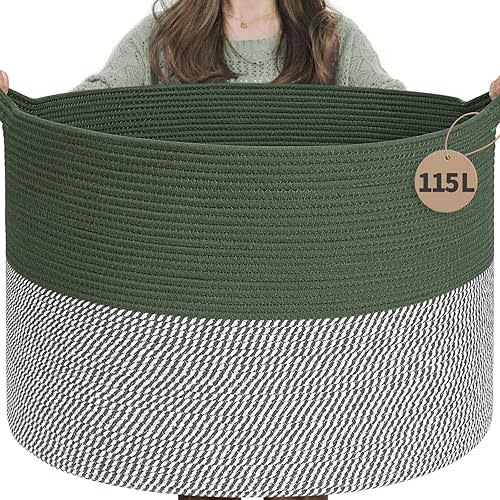 INDRESSME 115L Extra Large Cotton Rope Blanket Basket, Home Decor Laundry Storage Basket for Organizing Bedroom, Living Room, Nursery, Toy Storage for Colthes Towel, Green