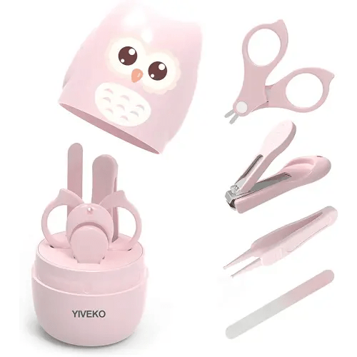 Baby Nail Kit, 4-in-1 Baby Nail Care Set with Cute Case, Baby Nail Clippers, Scissors, Nail File & Tweezers, Baby Manicure Kit and Pedicure kit for Newborn, Infant, Toddler, Kids-Owl Pink