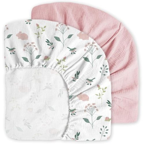 Little Grape Land Muslin Crib Sheets Fitted for Boys and Girls 2 Pack, 100% Cotton Baby Bed Sheets Soft Breathable, Neutral Fitted Baby Mattress Sheets for Standard Crib 52x28 inches, Fog Flower