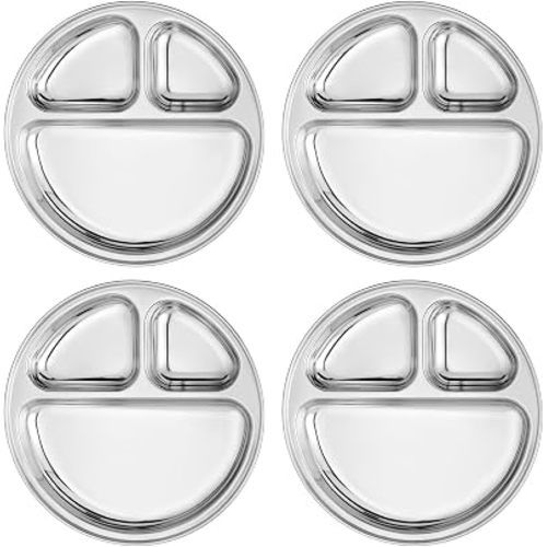 Ahimsa Stainless Steel Kids Plates Set of 4 - Divided, Non Toxic Toddler Plates, Pediatrician Designed, Unbreakable & Dishwasher Safe, Classic Silver