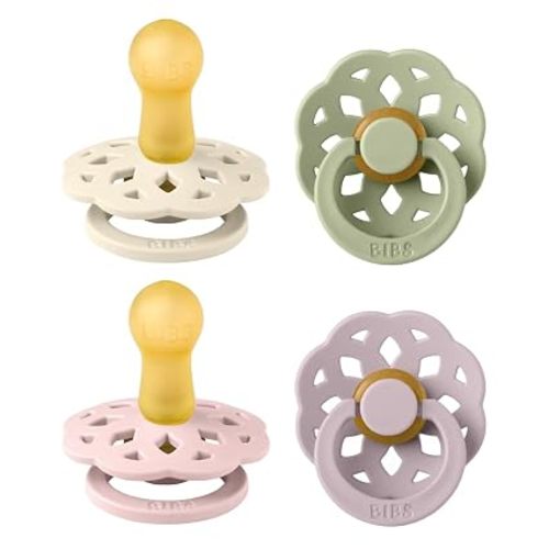 BIBS Boheme Soother 4-Pack | BPA Free Dummy Pacifier Round Nipple | Natural Rubber Latex | Size 6-18 Months | Dusky Lilac Mix | Natural Rubber Latex | Size 2 | BPA-Free | Made in Denmark | High Nipple Acceptance | Airflow Holes | Comfort Shield