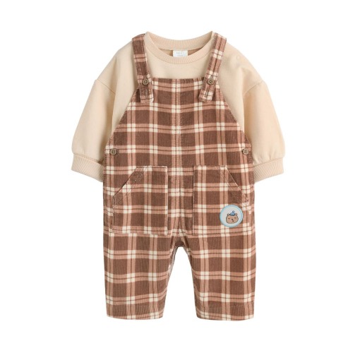 Check Cotton Sweatshirt Bodysuit & Overalls Set