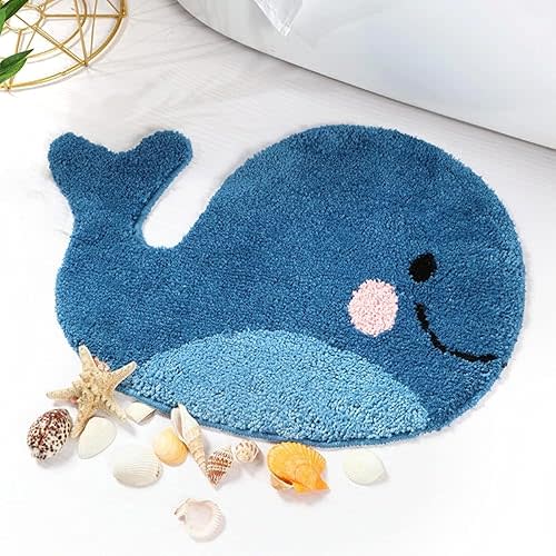 IcosaMro Blue Bathroom Rugs Whale Bath Rug Cute Non Slip Mat Washable Microfiber Terry Water Absorbent Farmhouse Floor Mat for Boys Girls Kids, 18x24 Inches