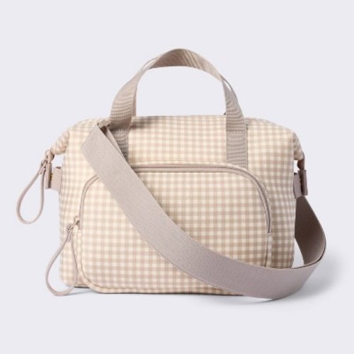Insulated Bottle Cooler Shoulder Diaper Bag - Tan Gingham Plaid - Cloud Island™