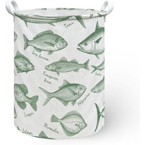 Fish Fishing Laundry Hamper Basket, Lake House Decor Dirty Clothes Hamper, Fishing Baby Stuff, Hunting Nursery Decor Collapsible Laundry Bin Organizer Storage Basket for Boys Room, 13.8x17.8in