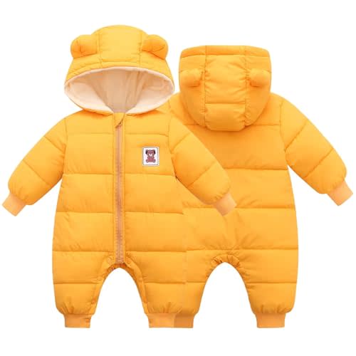 BYFRI Baby Boys Girls Snowsuit Newborn Cozy Winter Coat Infant Bear Hooded Jumpsuit Toddler Snow Outfit for 0-24 Months