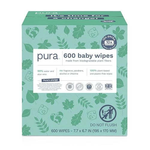 Pura Natural Sensitive Baby Wipes, 99% Water, Unscented & Hypoallergenic, Suitable for Sensitive & Eczema-prone Skin, Hypoallergenic, EWG Verified, 10 Pack of 60 Wet Wipes (600 Diaper Wipes) Bulk Buy