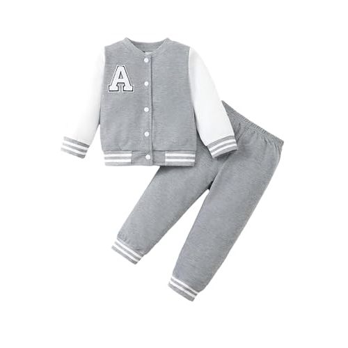 VEGGIEDOT Baby Boy Clothes Infant Fall Winter Outfits Toddler Boy Varsity BaseBall Jacket Button Down Pants Set