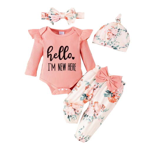 Emy Dola Baby Girl 4Pcs Clothes Set Newborn Infant Ruffle Ribbed Romper + Floral Pants + Headband + Hat Outfits for Girls