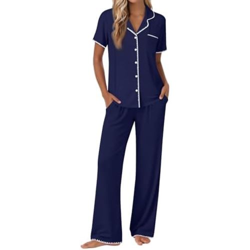 Ekouaer Pajamas for Women Set Button Up Soft Pjs Short Sleeve 2 Piece Lounge Sets Comfy Sleepwear