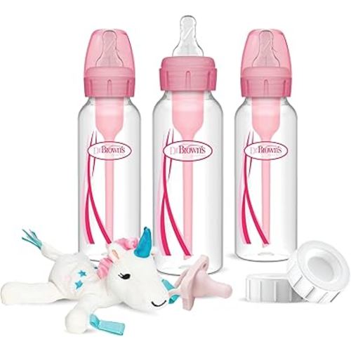 Dr. Brown's Natural Flow Anti-Colic Options+Narrow 8oz/250mL Baby Bottle + Lovey Gift Set with Level 1 Slow Flow Nipples, Pink