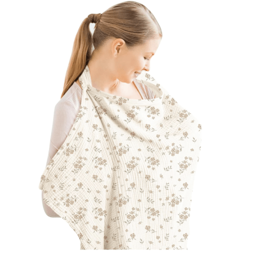 Konssy Muslin Nursing Cover for Baby Breastfeeding, Breathable 100% Cotton Breastfeeding Cover with Rigid Hoop for Mother Nursing Apron, Multi-use Carseat Canopy (Blossom)