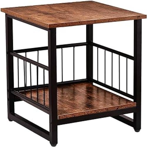 End Table, Industrial Side Table with 2-Tire Storage Shelf, 180LBS Mini Fridge Stand with Adjustable Feet, 18"x18" Wood Night Stand Small Bedside Table with Sturdy Metal Frame for Living Room Bedroom