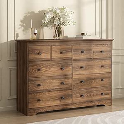 55 Inch Dresser for Bedroom, 10 Drawer Dresser with Large Drawers, Wide Wood Chest for Living Room, Hallway, Walnut