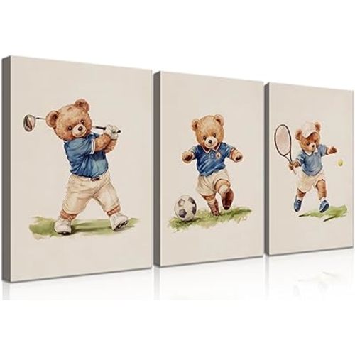 3 pcs Nursery Teddy Bear Wall Art Kindergarten Boys Football Golf Sports Wall Decor Poster Print Cute Funny Animal Painting Pictures for Kids Bedroom Boys Room (16x24 In)