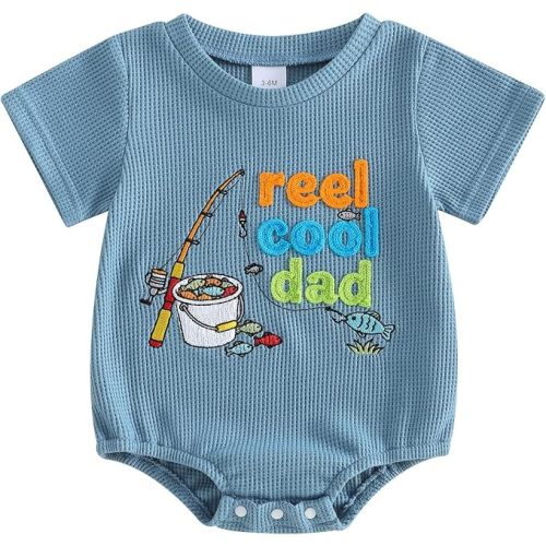 Baby Boy Waffle Romper Reel Cool Dad Fishing Embroidery Short Sleeve Bodysuit Shirt Newborn One-Piece Clothes