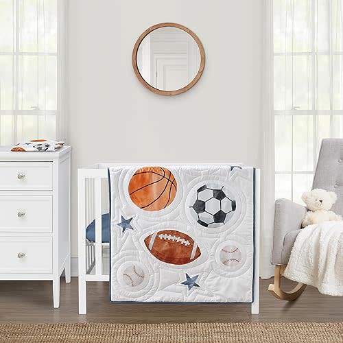 Sweet Jojo Designs Sports Theme Boy Baby Mini Crib Bedding Set Infant Nursery Room Newborn Blanket Portable Pack n Play Sheets 3p Watercolor Vintage Soccer Balls Football Baseball Basketball Blue Star