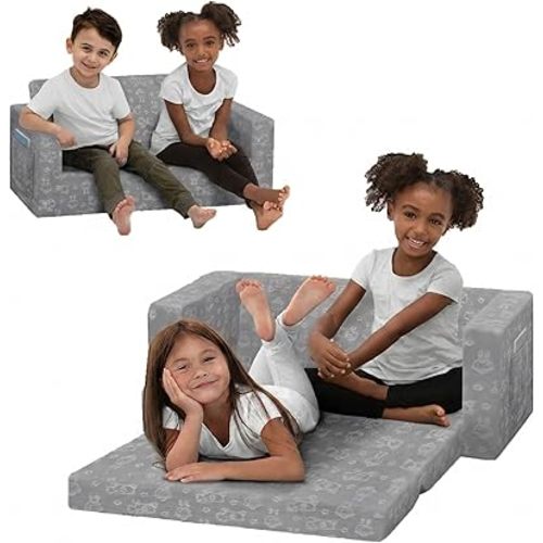 Delta Children - Serta Perfect Sleeper Kids 2-Seater Sofa, Convertible 2-in-1 Flip Open Toddler Couch Sleeper, Foam Chair for Playroom & Bedroom, Bed Lounger, Comfy Play Sleeping Lounge Chair, Grey
