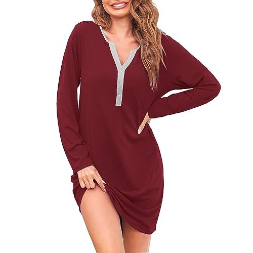 Ekouaer Women's Nightshirt Long Sleeve Button Down Nightgown V-Neck Sleepwear Casual Pajama Dress