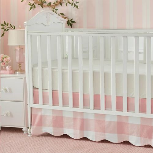 Brandream Scallop Edge Cotton Crib Skirt - Light Pink Plaid Gingham