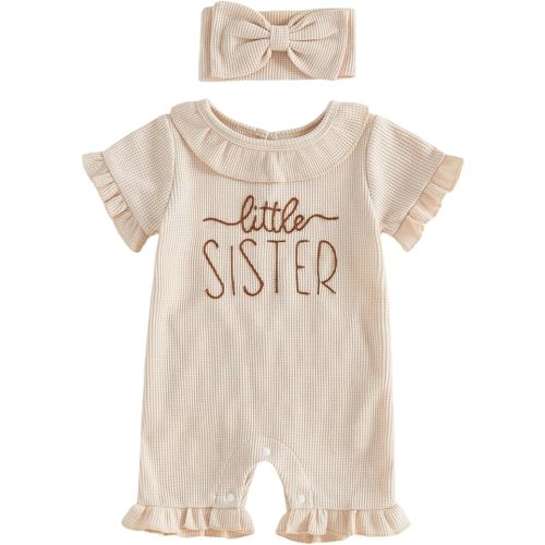 Newborn Baby Girl Summer Outfit Romper Daddy Girl Heart Embroidery Ruffle Jumpsuit Infant Waffle Knit Clothes