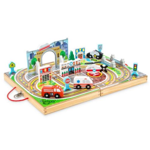 Melissa & Doug 18-Piece Wooden Take-Along Tabletop Town, 4 Rescue Vehicles, Play Pieces, Bridge