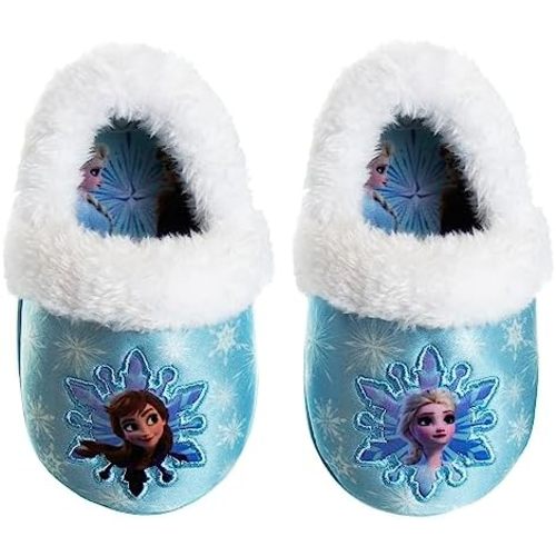 Disney Frozen Elsa and Anna Girls Slippers - Plush Non-Slip Comfy Fluffy Lightweight Warm Comfort Soft Aline Indoor House Slippers (Toddler/Little Kid)