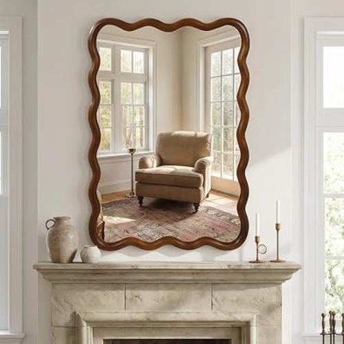 Solid Wood Wavy Rectangle Wall Mirror 24x36 Black Walnut Farmhouse Decor for Living Room Bedroom Bathroom Entryway (Black + Dark Walnut + Solid Wood + MDF+Glass)