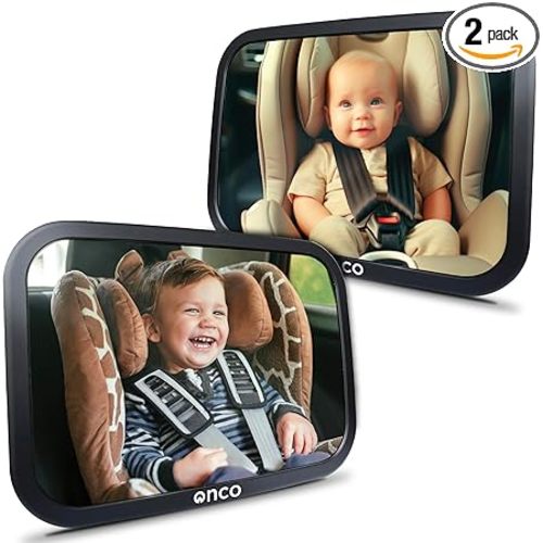 Onco Baby Car Mirror Rear Facing (2 Pack) - 100% Shatterproof & Shakeproof, Award-Winning Convex Car Mirror for Baby with 360° Rotation, Newborn Essentials (9.6 x 6.9 in)