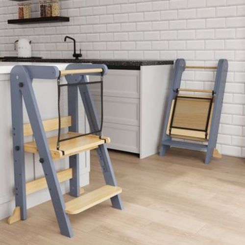 TinyHomie Foldable Toddler Kitchen Tower, 3 Adjustable Height Wooden Learning Stool, Standing Tower with Safety Net for Kitchen Bathroom (Gray)