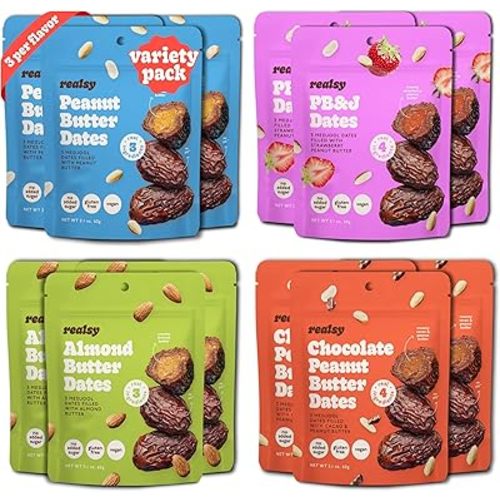 Realsy Pitted & Stuffed Medjool Dates, Organic Dates with No Sugar Added, Gluten-Free, Vegan, Good Source of Fiber, Low Glycemic Index, All Natural Healthy Snack (Variety 12 Pack)