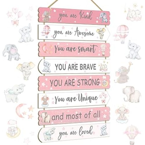 Girls Kids Unicorn Butterfly Boho Rainbow Elephant Affirmation Wall Decor Art For Toddler & Baby Princess Nursery Room Wood Signs & Decorations, Elephant