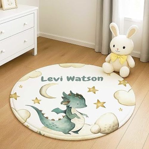 Personalized Nursery Baby Rug with Name, Dragon Round Floor Rug for Boys, Soft Crawling Mat for Nursery Bedroom Decor