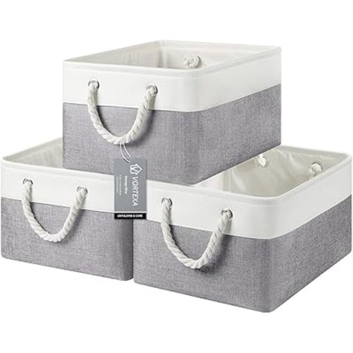 Large Storage Baskets-Storage Bins for Shelves and Closet Organizing,Foldable Fabric Bin for Home Organization Clothes and Laundry(3-Pack,15.7 x 11.8 x 8.26 Inch,White&Grey)