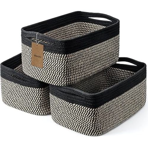 Maxuni 3-Pack Shelf Baskets for Organizing, Closet Organizer Bins, Small Woven Baskets, Rope Toy Basket, Storage Basket for Shelves, Cube Decorative Box, 11.8×7.8×5.1”, Black Brown