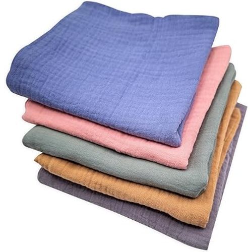 Baby Muslin Washcloths, 5 Pack 100% Cotton - Large 12” x 12” Super Absorbent and Soft Newborn Baby Wash Cloths - Multicolor