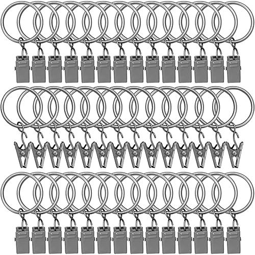 42 Pack Curtain Rings with Clips 1.26" Interior Diameter,Metal Drapery Ring with Clips Compatible with up to 1 inch Drapery Rod,Strong Vintage Decorative Rustproof Drapery Ring with Hooks-Matte Silver