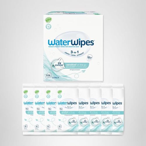 WaterWipes Sensitive+ On The Go Wipes, 3-In-1 Cleans, Cares, Protects, 99.9% Water, Unscented & Hypoallergenic Wet Wipes, 224 Count (8 Packs)