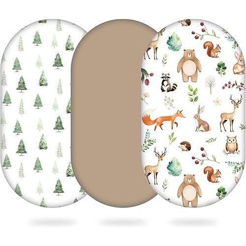 3 Pack Bassinet Sheets, Woodland Forest Animals Fitted Crib Sheets 32x16x3.9 for Standard Bassinet Mattress, Soft Breathable Neutral Baby Sheets for Boys Girls, Nursery Decor Gift Set
