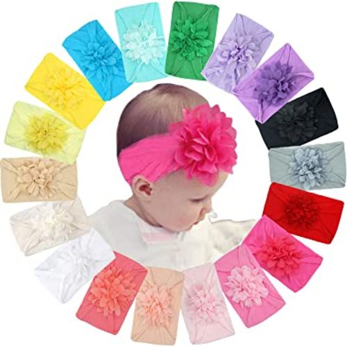 18Pcs Baby Girls Headbands Tulle Hair Bows Head Wraps 3inch Chiffon Flowers Bows Soft Stretchy Turban Headbands for Newborn Infant Girls and Toddlers