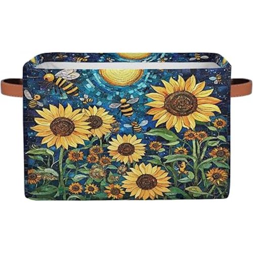 Sunflower Bee Sun Large Fabric Storage Bins with Handles, Decorative Organizing Baskets for Shelves, Collapsible Cube Storage Organizer for Clothes, Toys & Essentials