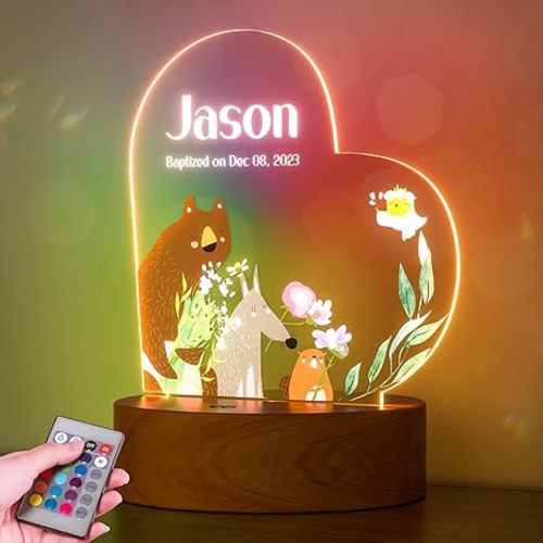 Personalized Baby Gift Name Night Light for Kids Girls Boys Nursery Decor with Animal Bear's Friend Nursery Night Light ?Includes Remote Color-Changing, Laser Engraved in The USA