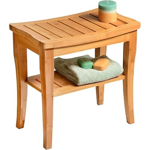 Bamboo Shower Bench - Small Wooden Shower Stool with Storage Shelf, Non-Slip Bathroom Seat, Spa Decor Bath Bench, Foot Rest Shaving Stool for Shower, Indoor Outdoor Use, Great Gift Idea (17" x 9 x 17)