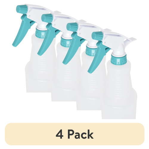 (4 pack) Plastic Clear Spray Bottle with Teal Lid and Nozzle, 28 oz.