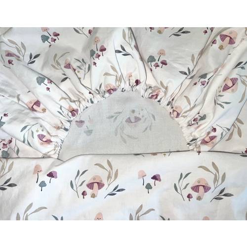 Standard crib or toddler bed cotton fitted crib sheet, purple mushrooms, whimsical, cottagecore, fairytale themed nursery baby shower gift