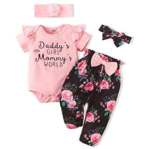 AMAWMW Newborn Baby Girl Clothes Infant Baby Ruffle Romper Pants Summer Outfits 4PCS Gifts Set Toddler Girls' Clothing