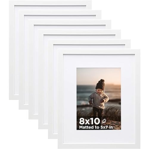 KINLINK 8x10 Picture Frame White Set of 6, Wooden Photo Frames Matted 5x7 with Plexiglass for 5x7 with Mat or 8x10 without Mat for Table and Wall Display