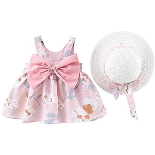 IBTOM CASTLE Baby Girls Party Summer Tutu Dresses Backless Bowknot Flower w/Straw Hat Princess Party Sundress